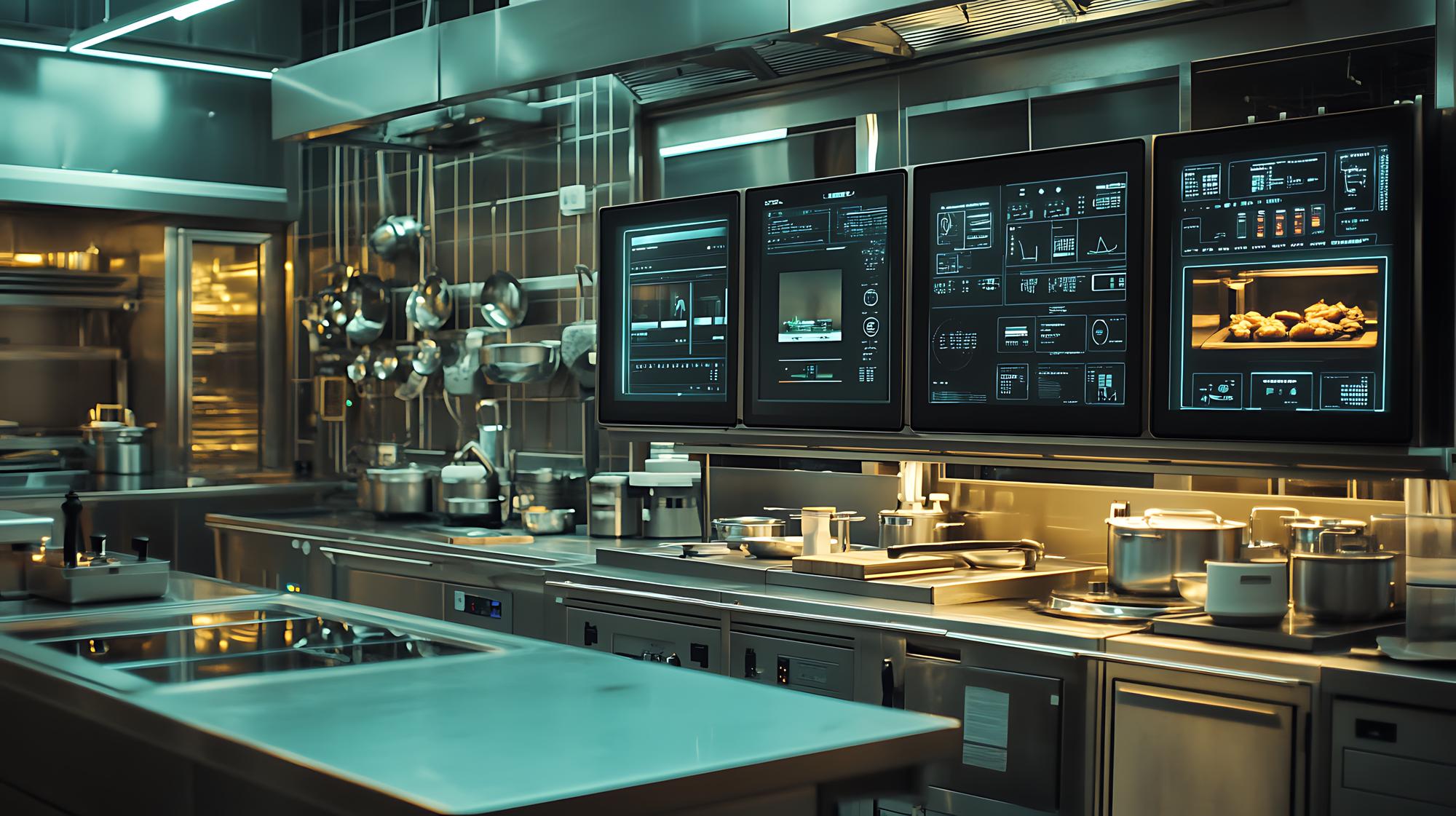 Laboratorio cucina con attrezzature moderne e schermo